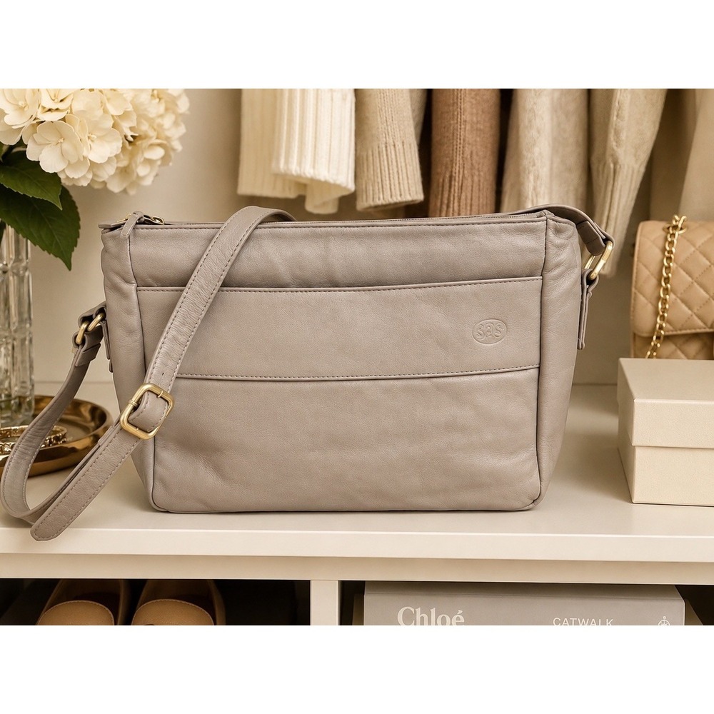 SAS Women's Soft Leather Shoulder Bag Taupe Neutral Minimalist Adjustable Strap